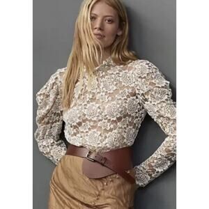 Anthropologie Dolan Sheer Lace High-Neck Top Long Puff Sleeve Top Size Medium